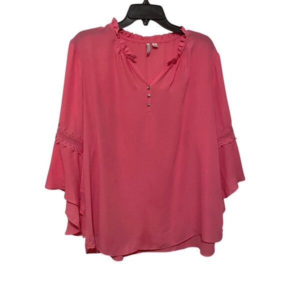 Pink Ruffled V-Neck Blouse With Bell Sleeves & Button Detail by Cato - XL #F-7-1 - Picture 1 of 6